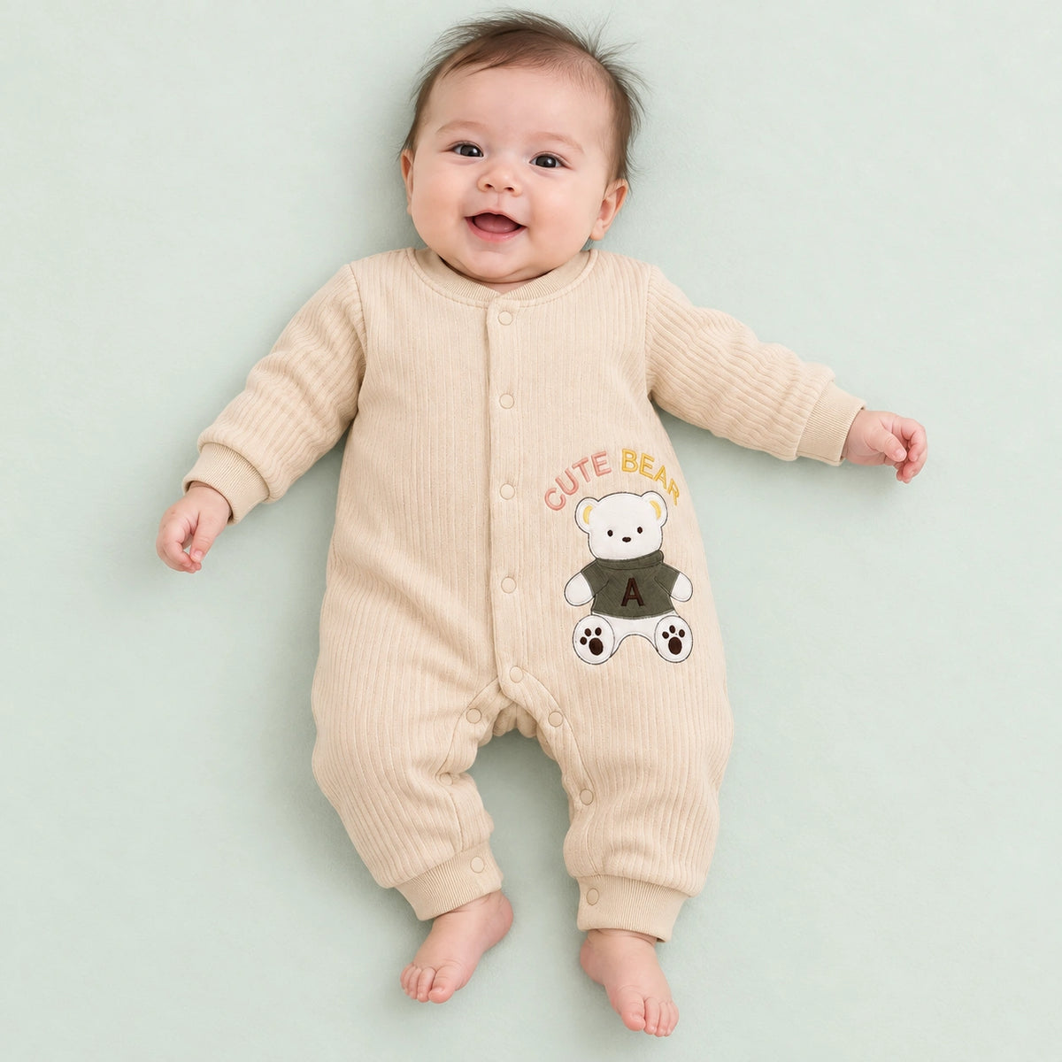 Baby Full-Sleeve Romper with Bear Design | Beige | 3–6 Months