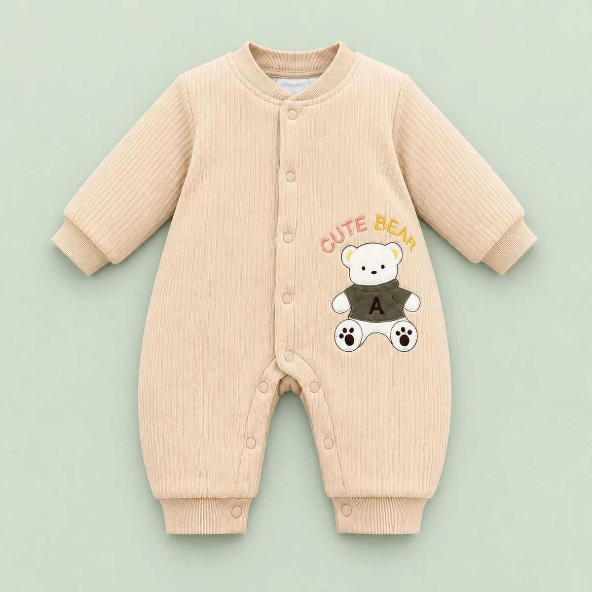 Baby Full-Sleeve Romper with Bear Design | Beige | 3–6 Months