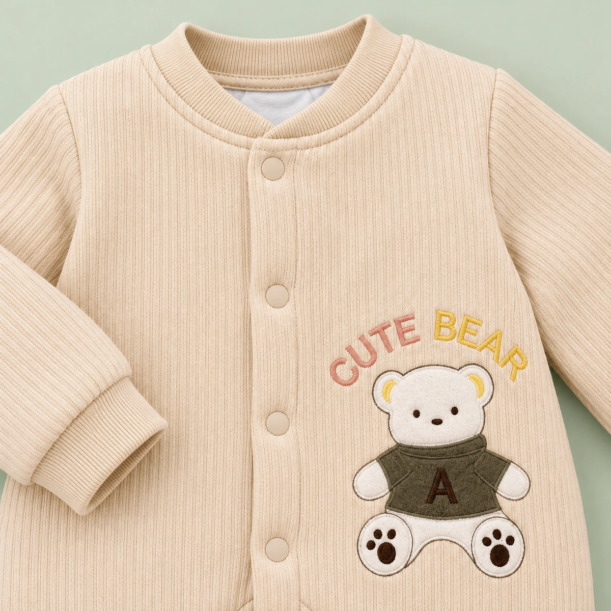 Baby Full-Sleeve Romper with Bear Design | Beige | 3–6 Months