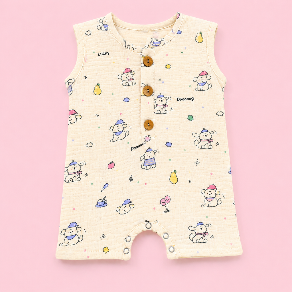 Muslin Cotton Baby Romper | Sleeveless | Dog Print