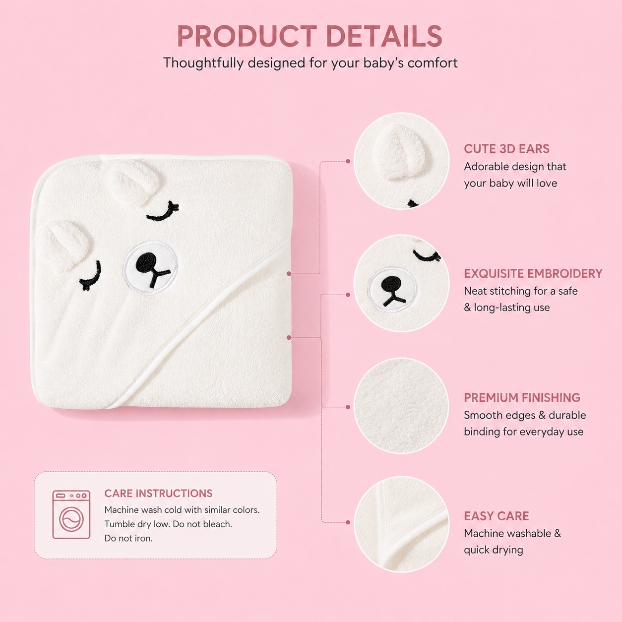 Baby Bear Hooded white Bath Towel