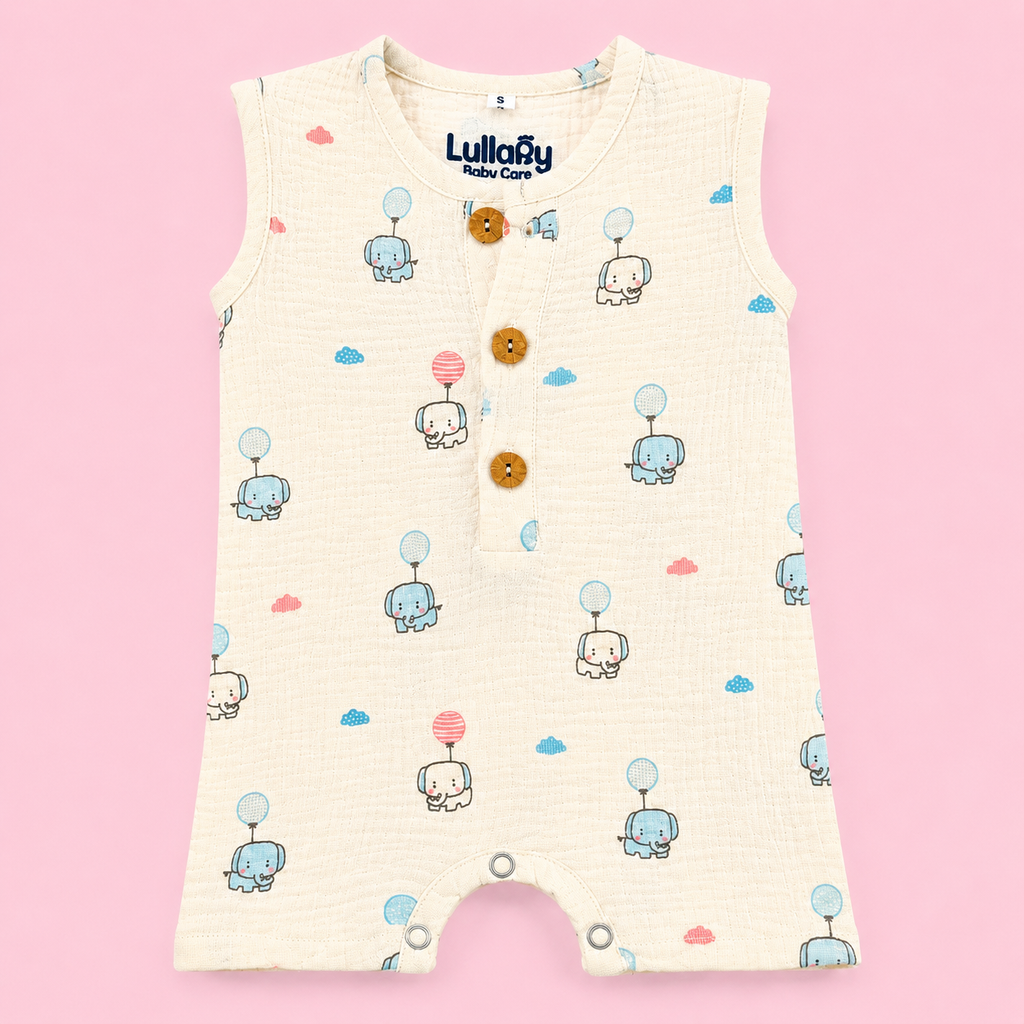 Muslin Cotton Baby Romper | Sleeveless | Elephant Print