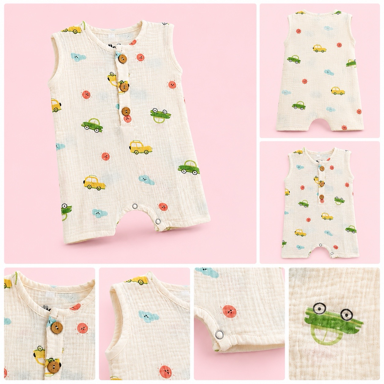 Muslin Cotton Baby Romper | Sleeveless | Car Print
