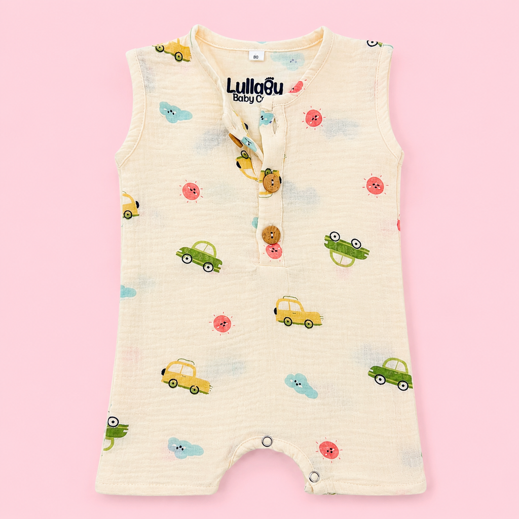Muslin Cotton Baby Romper | Sleeveless | Car Print