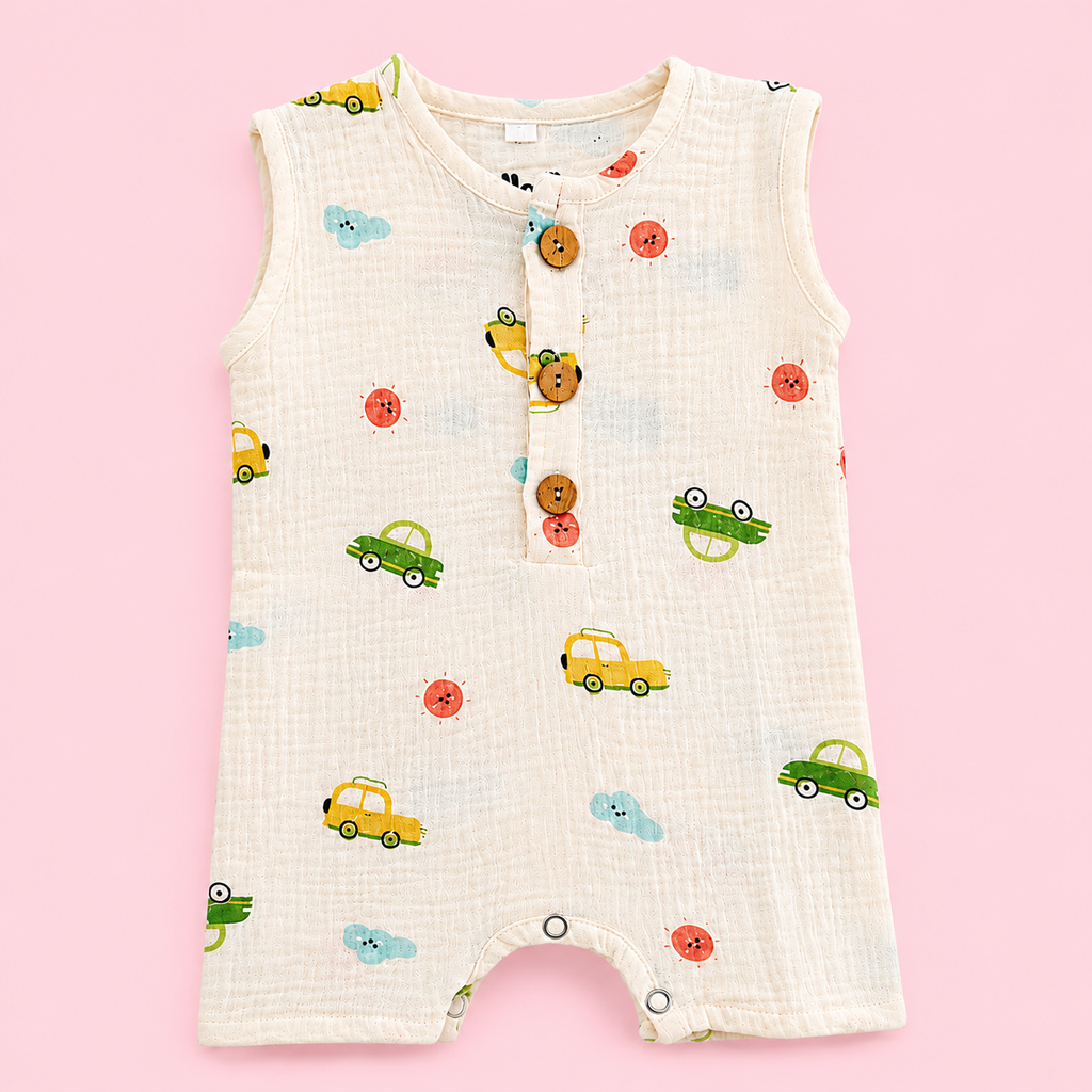 Muslin Cotton Baby Romper | Sleeveless | Car Print
