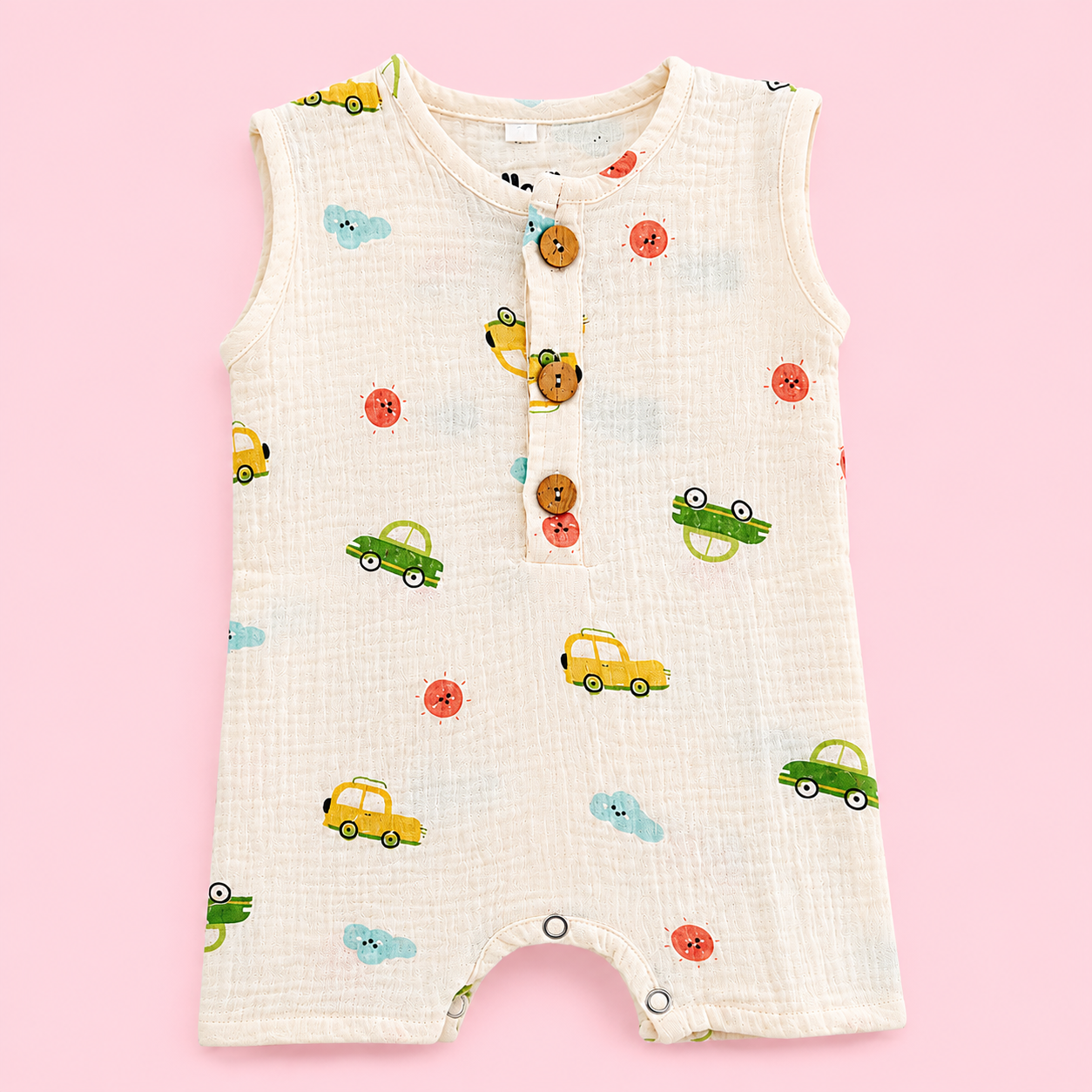 Muslin Cotton Baby Romper | Sleeveless | Car Print
