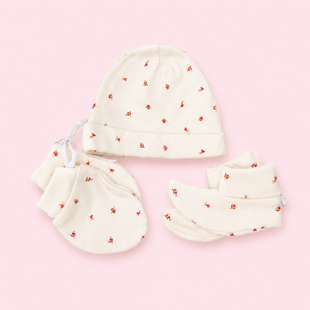 Baby Cap, Mittens & Booties Set - Red flower