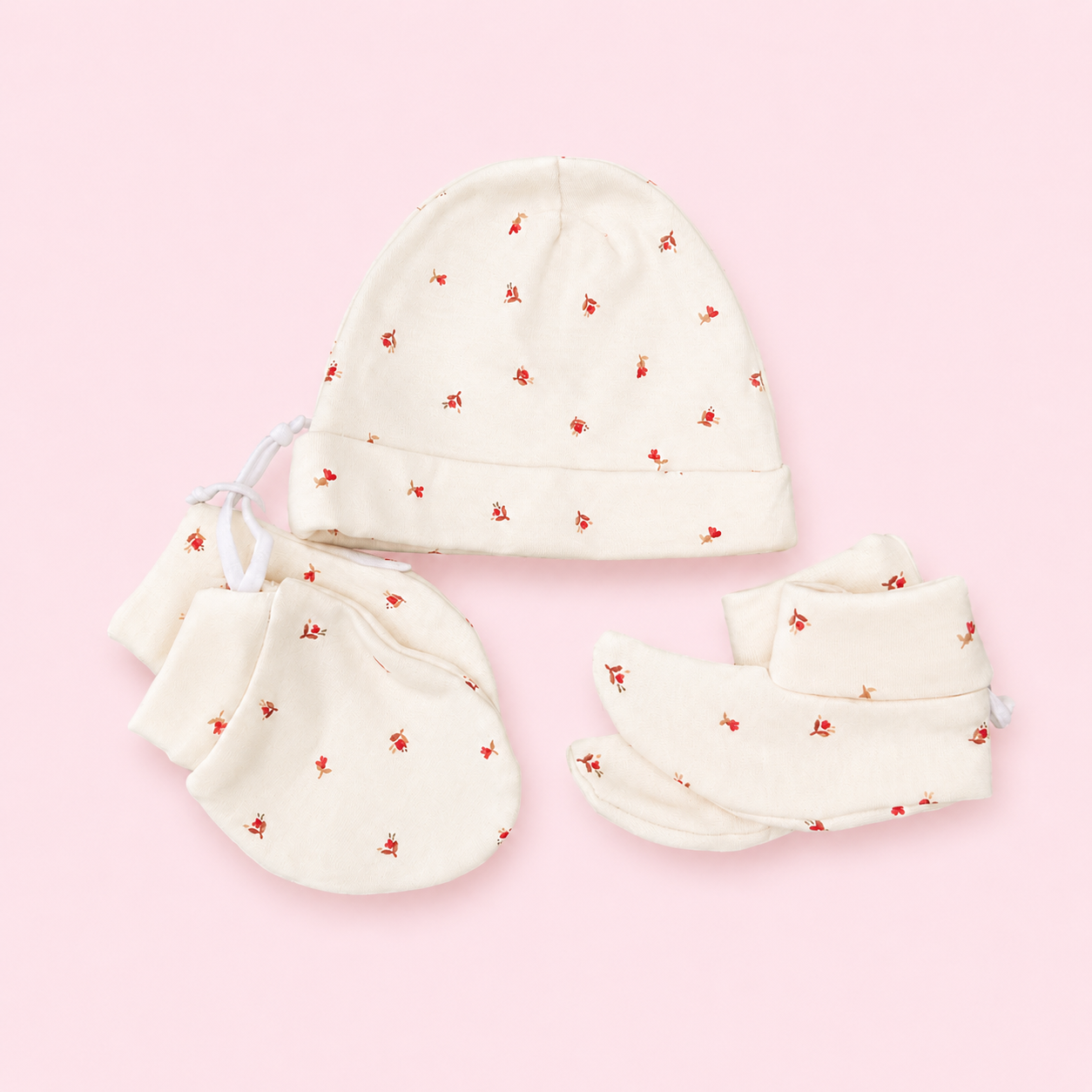 Baby Cap, Mittens & Booties Set - Red flower