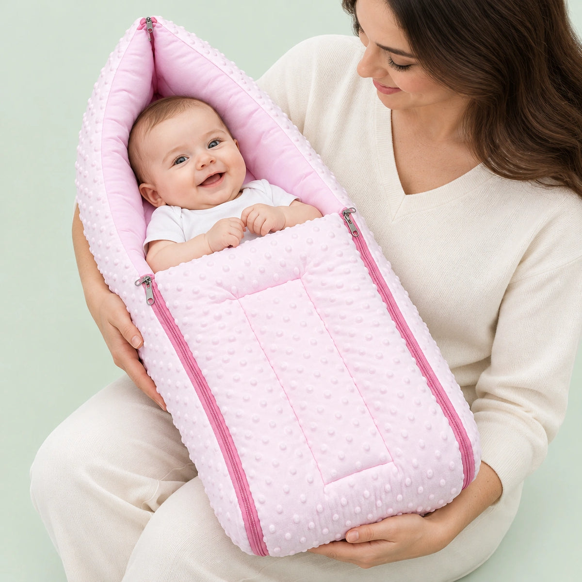 Baby Carry Nest with Dual Side Zipper – Soft & Cozy Newborn Sleeping Bag – Pink | 0–6 Months