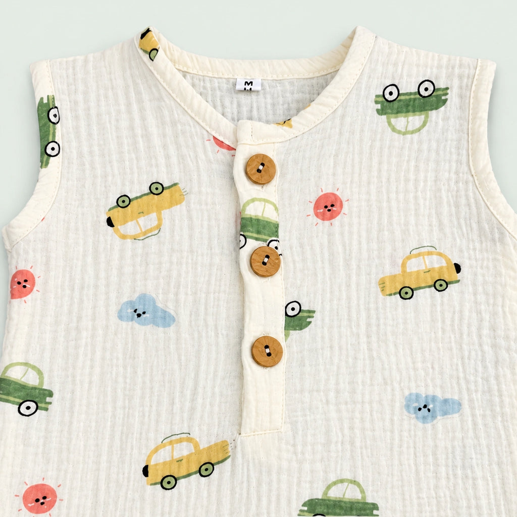 Muslin Cotton Baby Romper | Sleeveless | Car Print