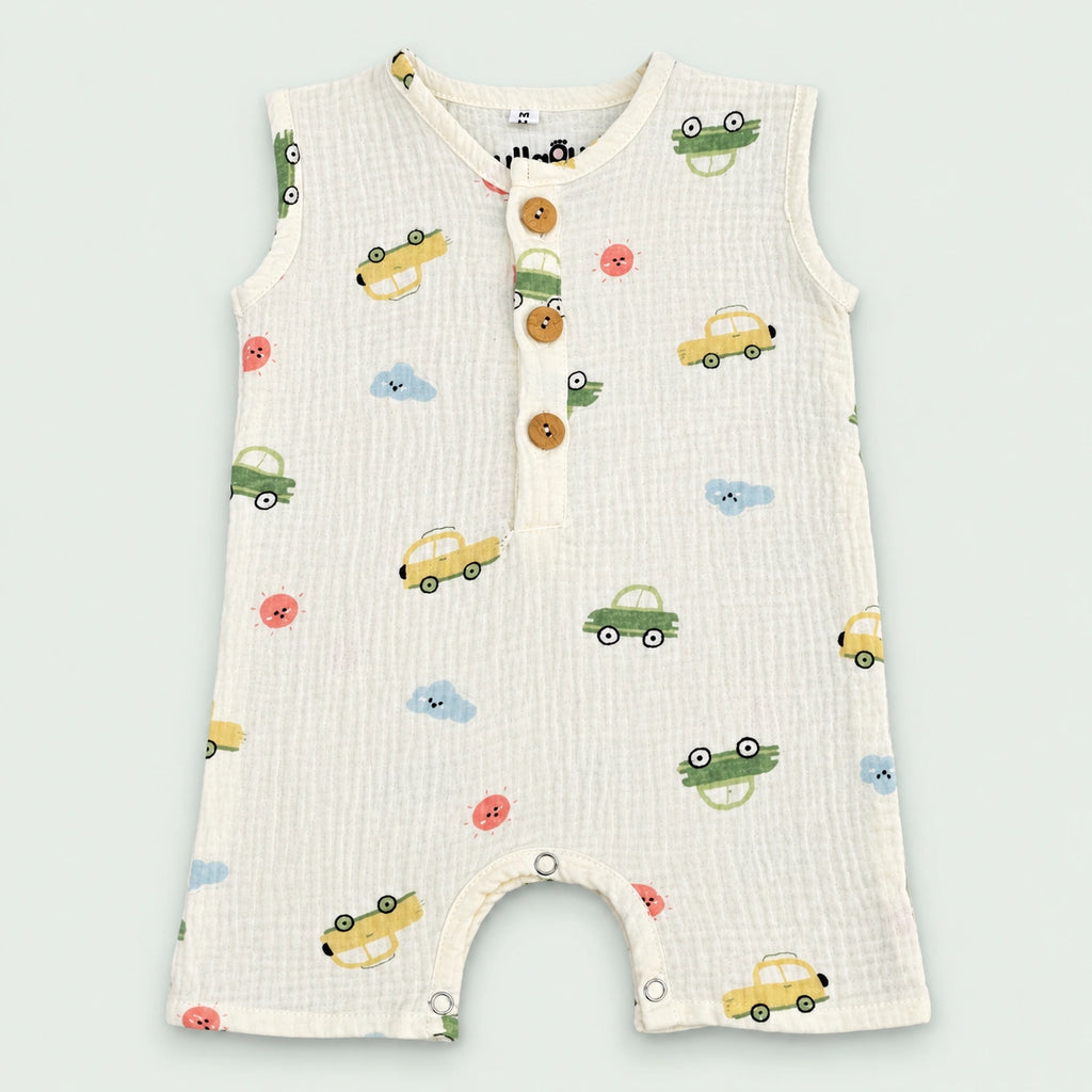 Muslin Cotton Baby Romper | Sleeveless | Car Print