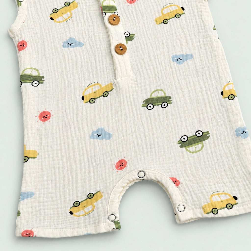 Muslin Cotton Baby Romper | Sleeveless | Car Print