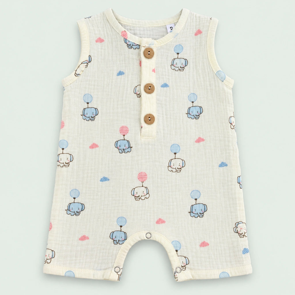 Muslin Cotton Baby Romper | Sleeveless | Elephant Print