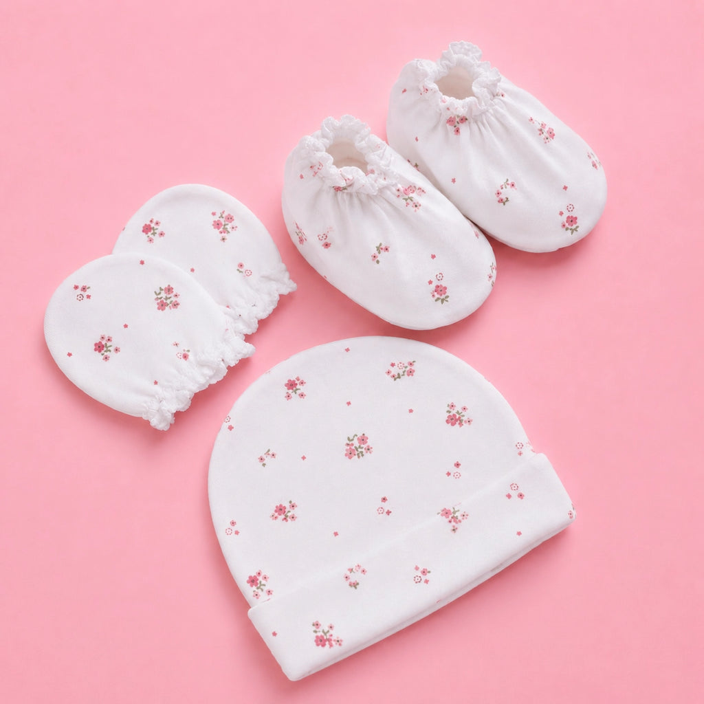 Baby Cap, Mittens & Booties Set Flower