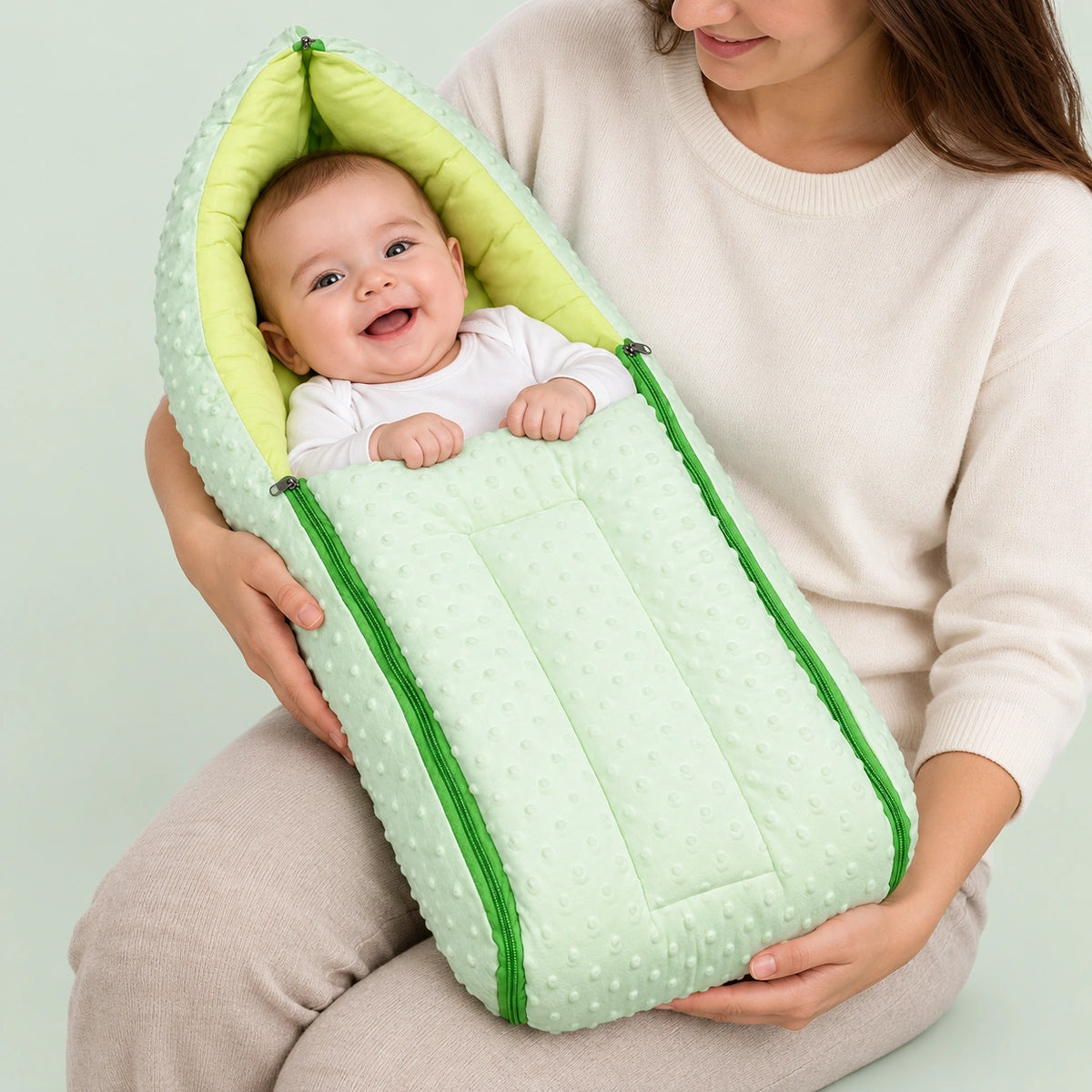 Baby Carry Nest with Dual Side Zipper – Soft & Cozy Newborn Sleeping Bag | Green | 0–6 Months