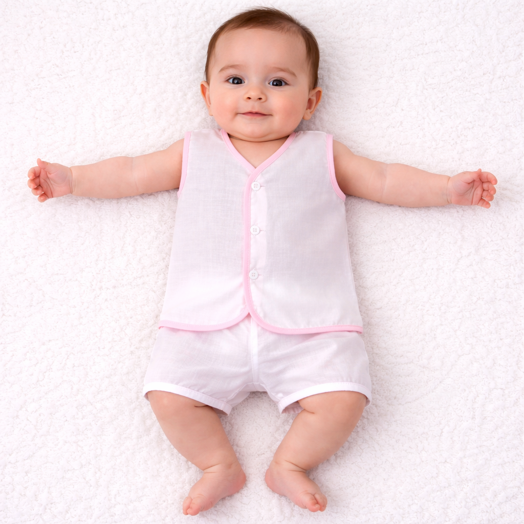 Newborn Cotton Sleeveless Vest – Pink Trim Basic (0–3 Months)