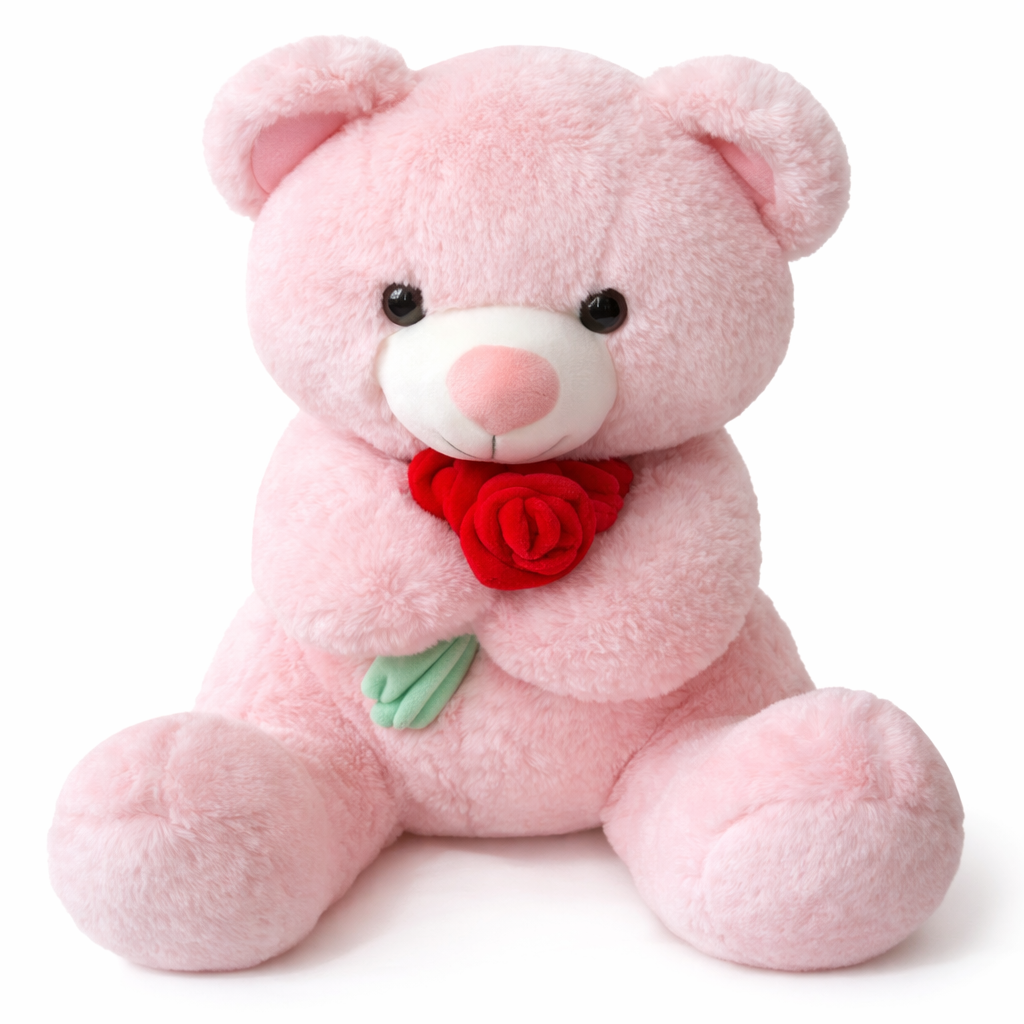 Cute Pink Teddy Bear Plush Toy with Rose