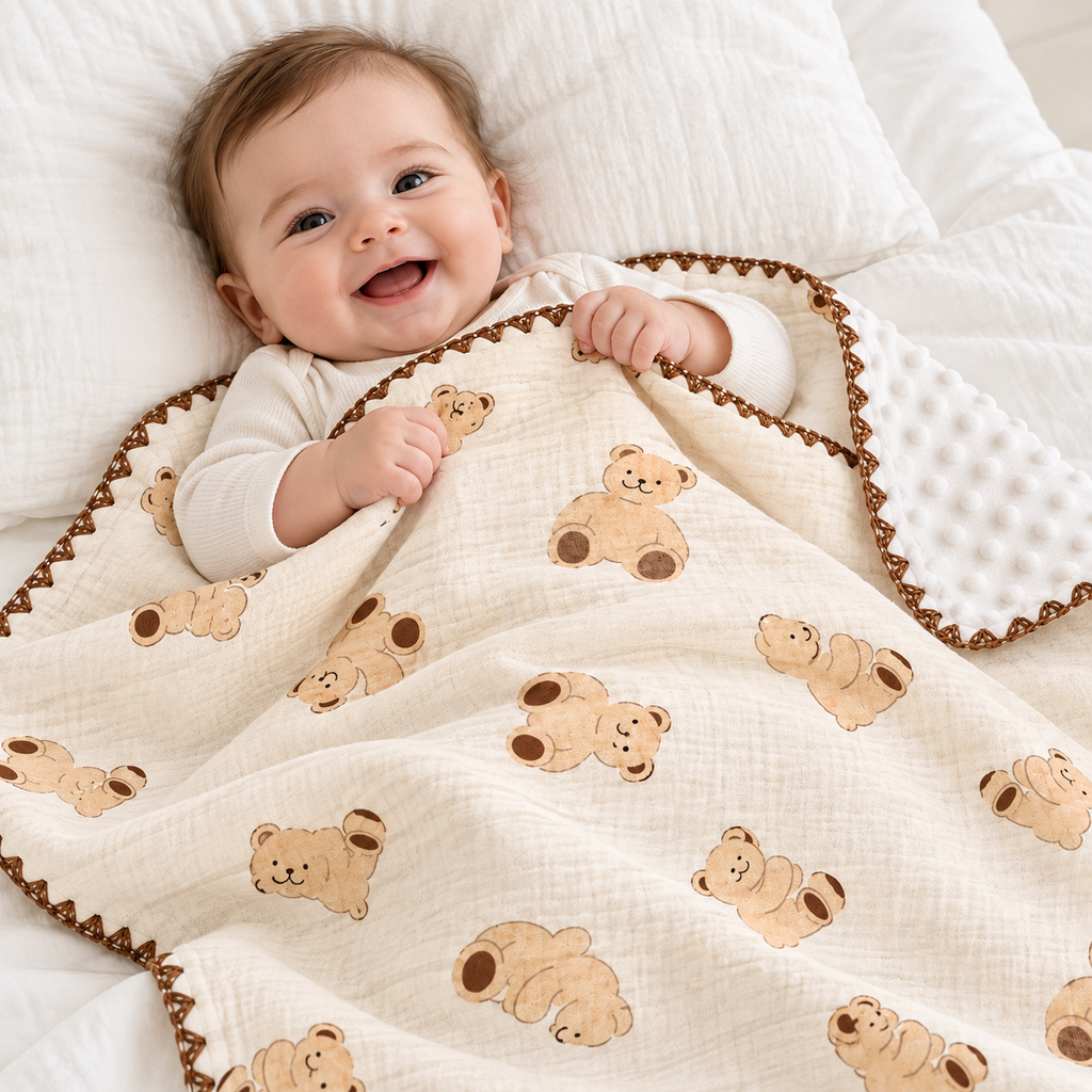 Soft Muslin Baby  Blanket with Plush Back | Teddy|