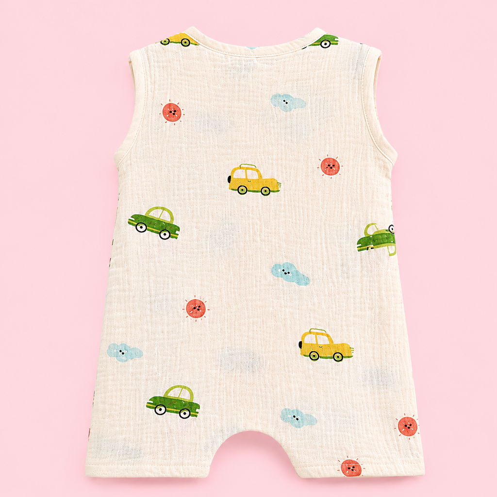 Muslin Cotton Baby Romper | Sleeveless | Car Print