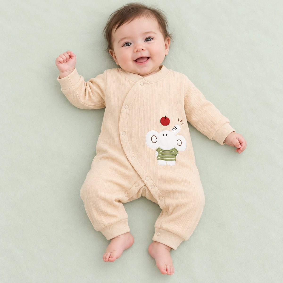Baby Full-Sleeve Romper with Elephant Applique | Beige | 3–6 Months