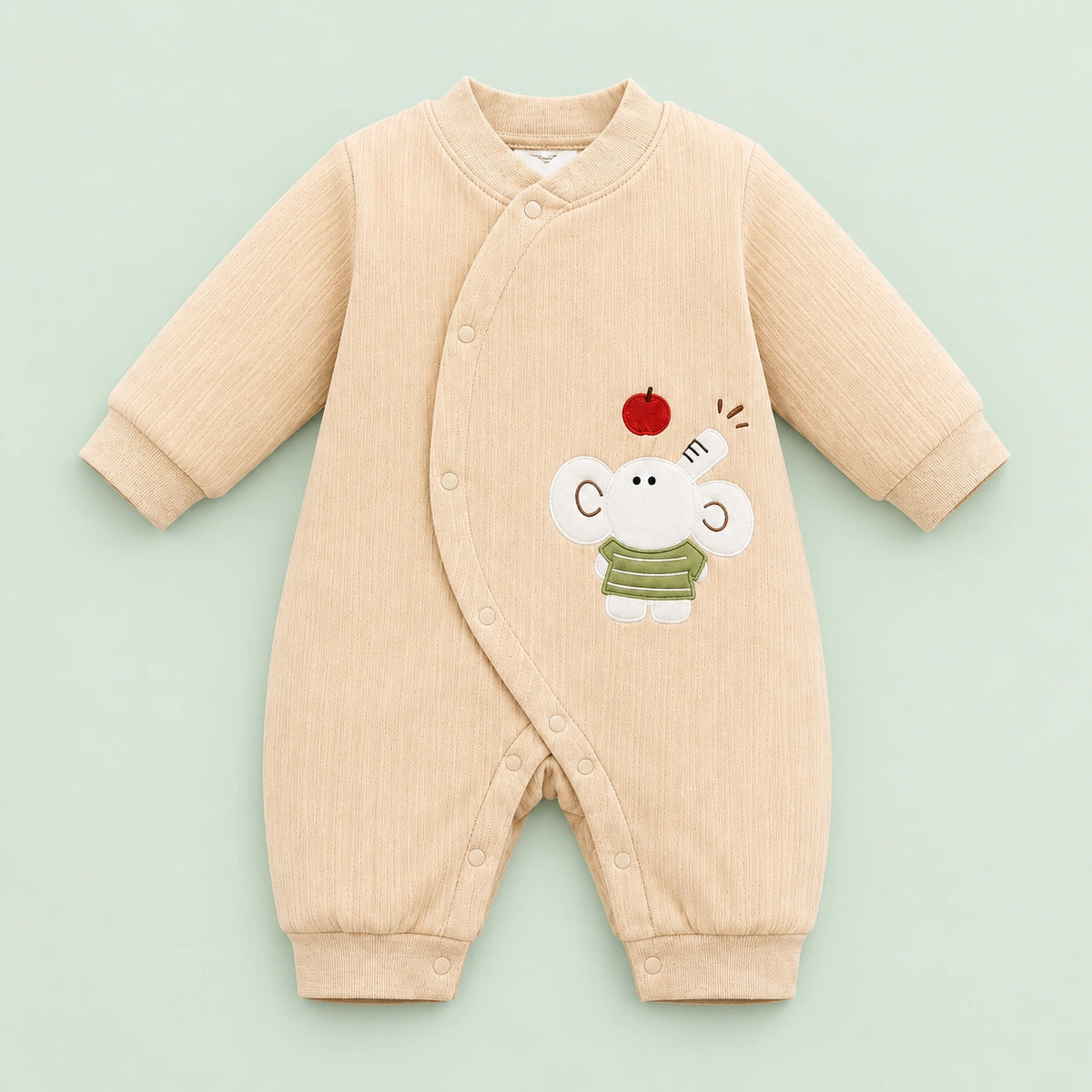 Baby Full-Sleeve Romper with Elephant Applique | Beige | 3–6 Months