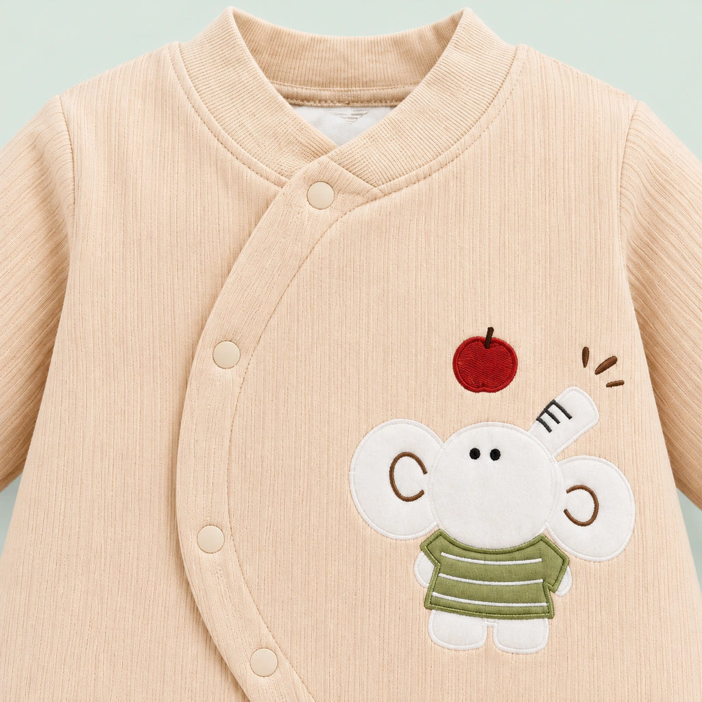 Baby Full-Sleeve Romper with Elephant Applique | Beige | 3–6 Months