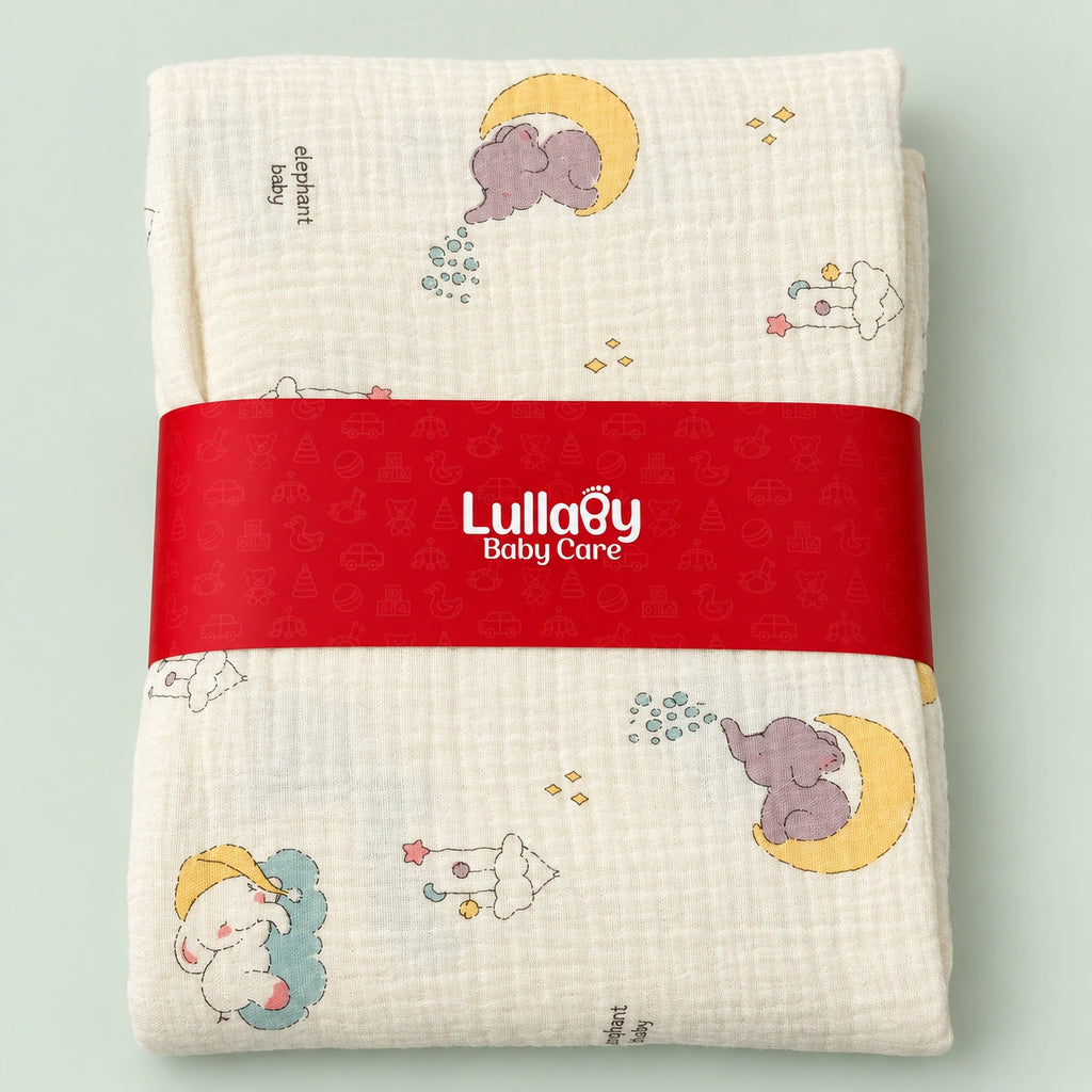 Muslin Baby Swaddle  – Cute Elephant & Moon Print | Soft & Cozy Baby Bedding