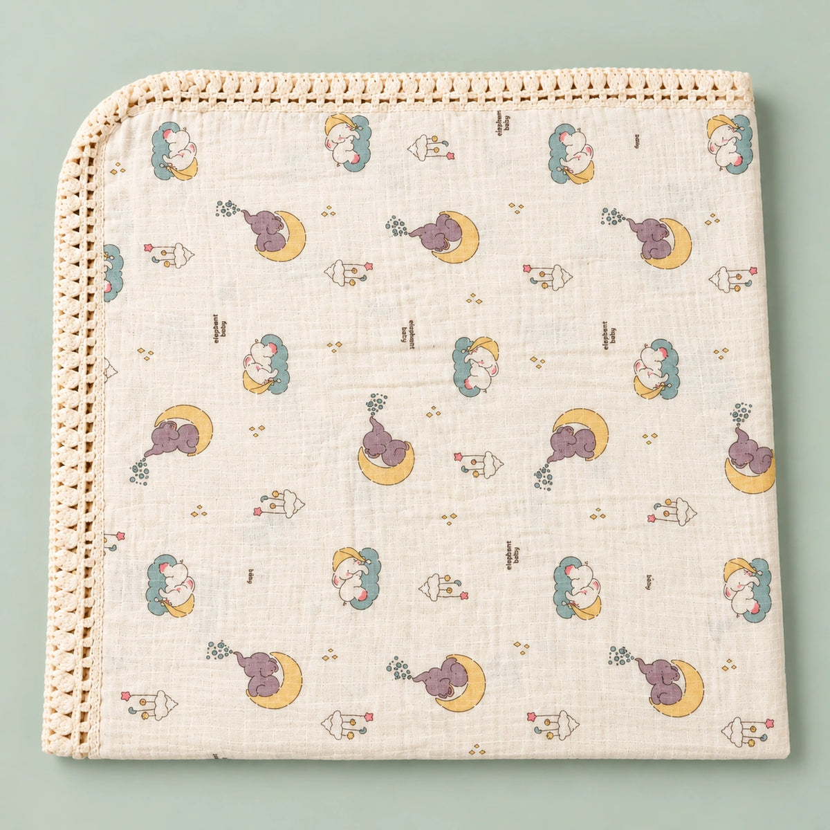 Muslin Baby Swaddle  – Cute Elephant & Moon Print | Soft & Cozy Baby Bedding