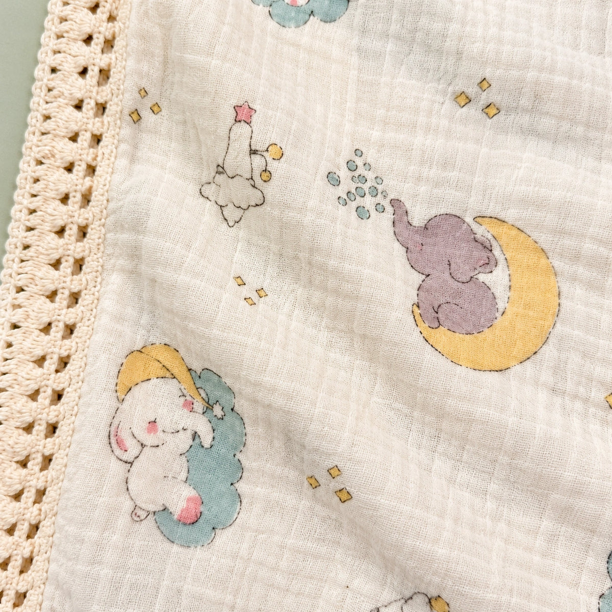 Muslin Baby Swaddle  – Cute Elephant & Moon Print | Soft & Cozy Baby Bedding