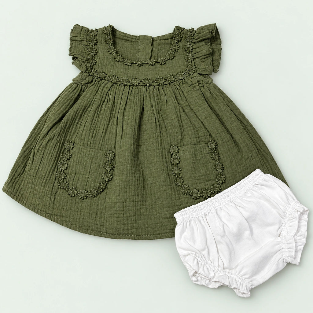 OLIVE GREEN BABY FROCK WITH BLOOMERS - 2 PIECE SET