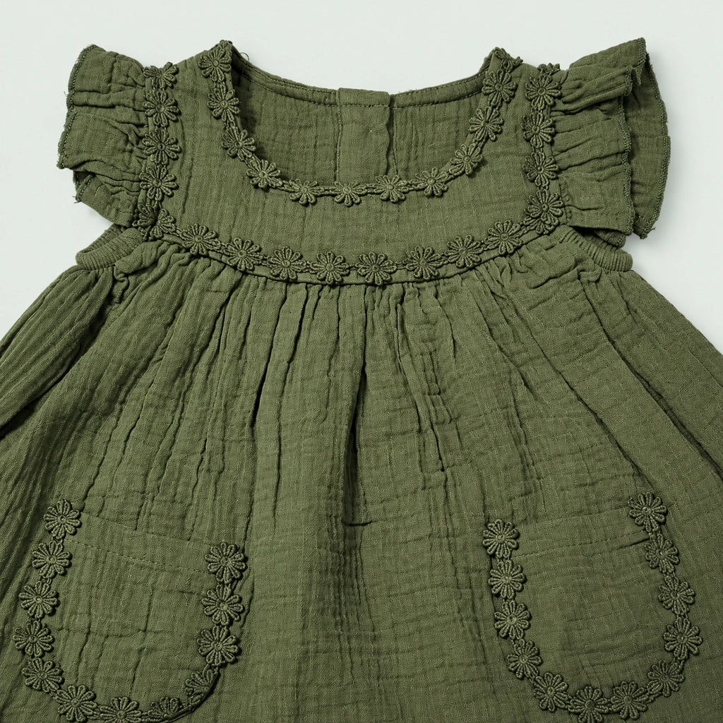 OLIVE GREEN BABY FROCK WITH BLOOMERS - 2 PIECE SET