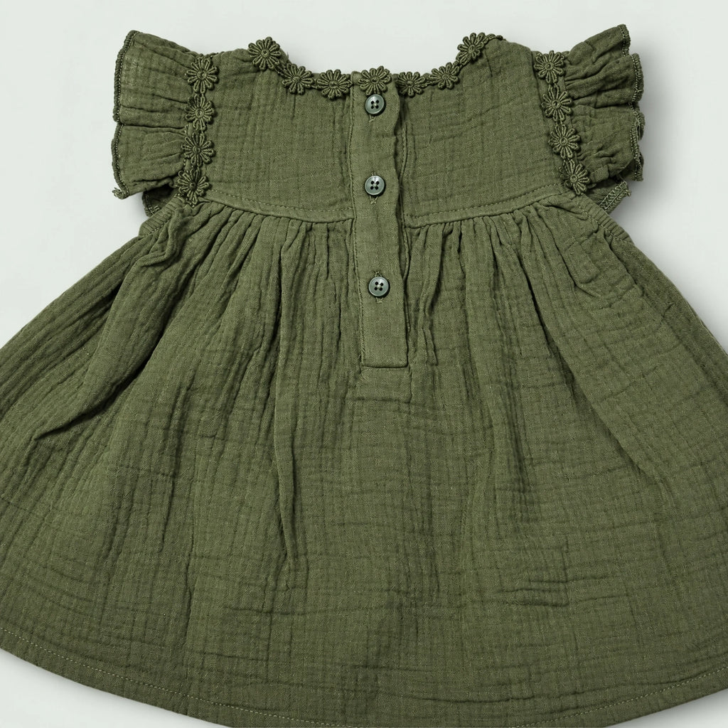 OLIVE GREEN BABY FROCK WITH BLOOMERS - 2 PIECE SET