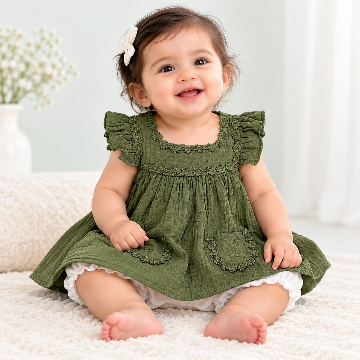 OLIVE GREEN BABY FROCK WITH BLOOMERS - 2 PIECE SET