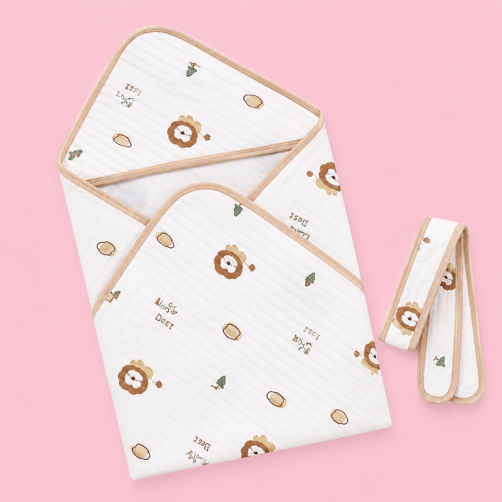 Premium Hooded Baby Wrapper | Muslin | Lion Print