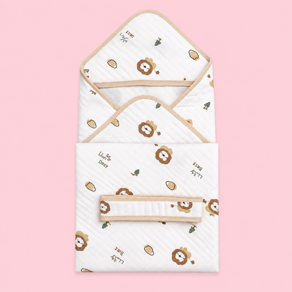 Premium Hooded Baby Wrapper | Muslin | Lion Print