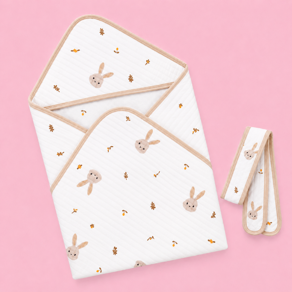 Premium Hooded Baby Wrapper | Muslin | Rabbit Print