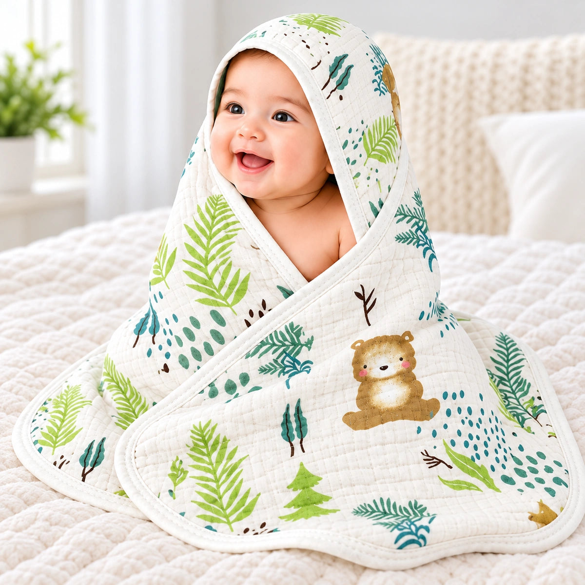 Teddy Bear Baby Blanket – Forest Print | Soft & Lightweight Newborn Baby Wrapper