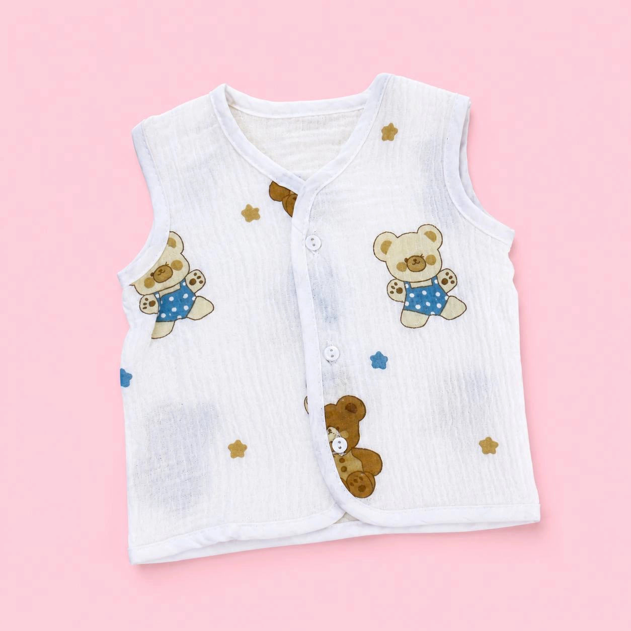 Crinkled Muslin Button Jabala | Bear | Soft Muslin Summer Wear For Babies | 0-3 Months  | Pack Of 1
