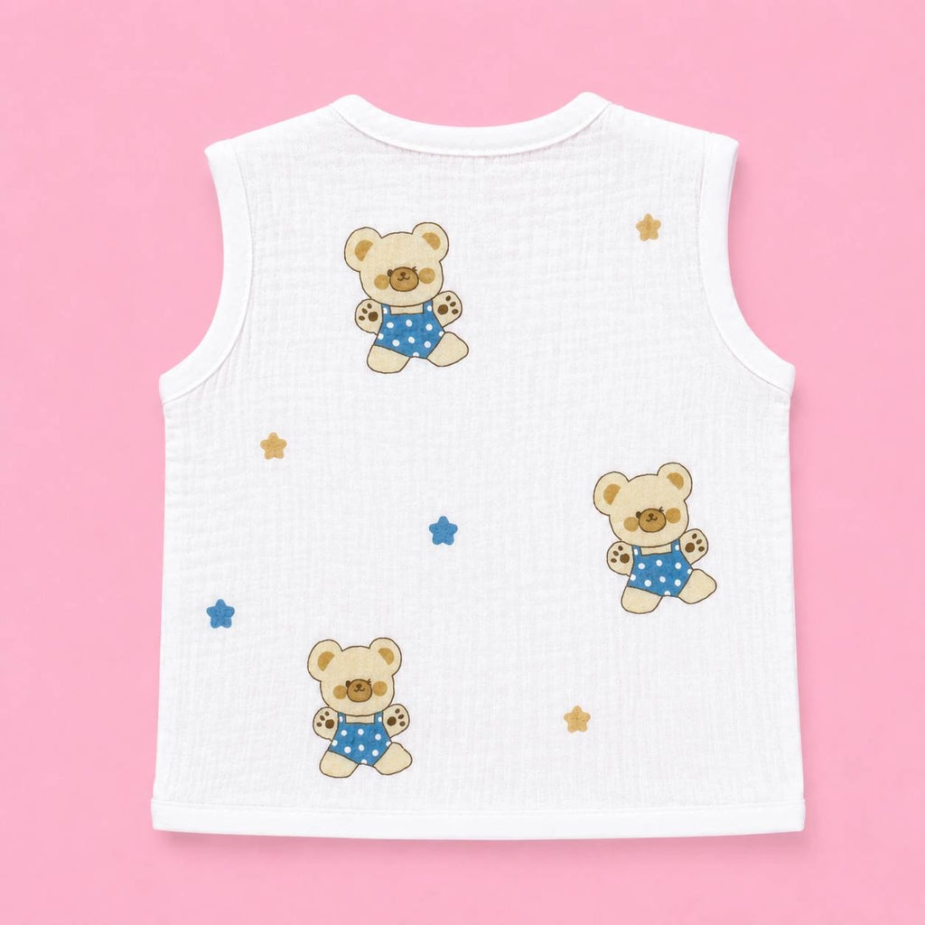 Crinkled Muslin Button Jabala | Bear | Soft Muslin Summer Wear For Babies | 0-3 Months  | Pack Of 1