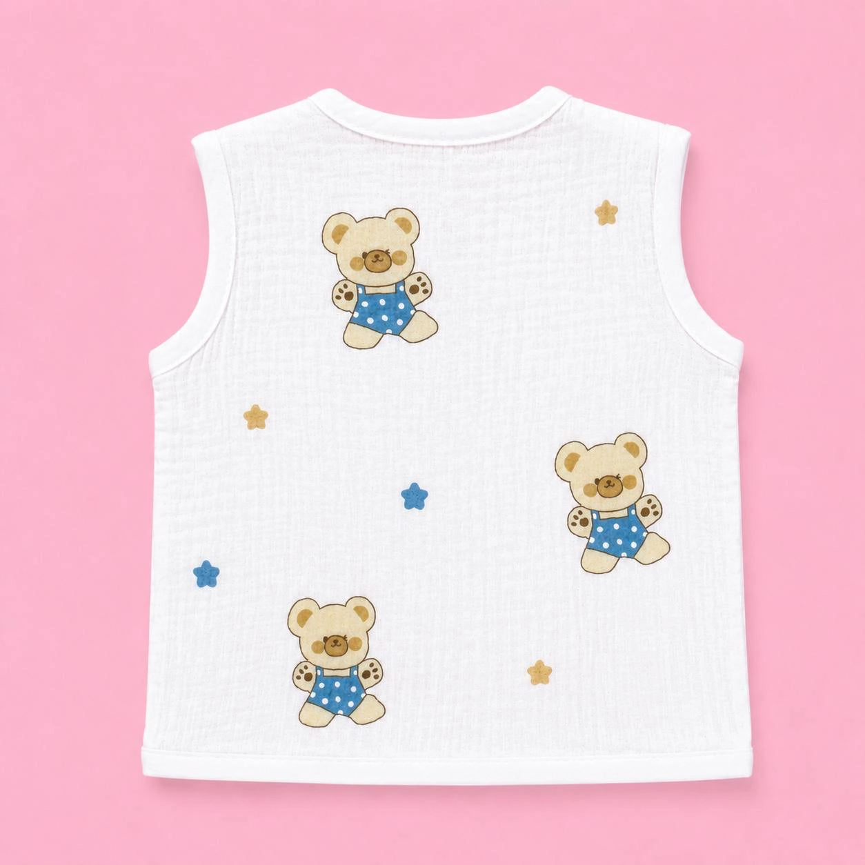 Crinkled Muslin Button Jabala | Bear | Soft Muslin Summer Wear For Babies | 0-3 Months  | Pack Of 1