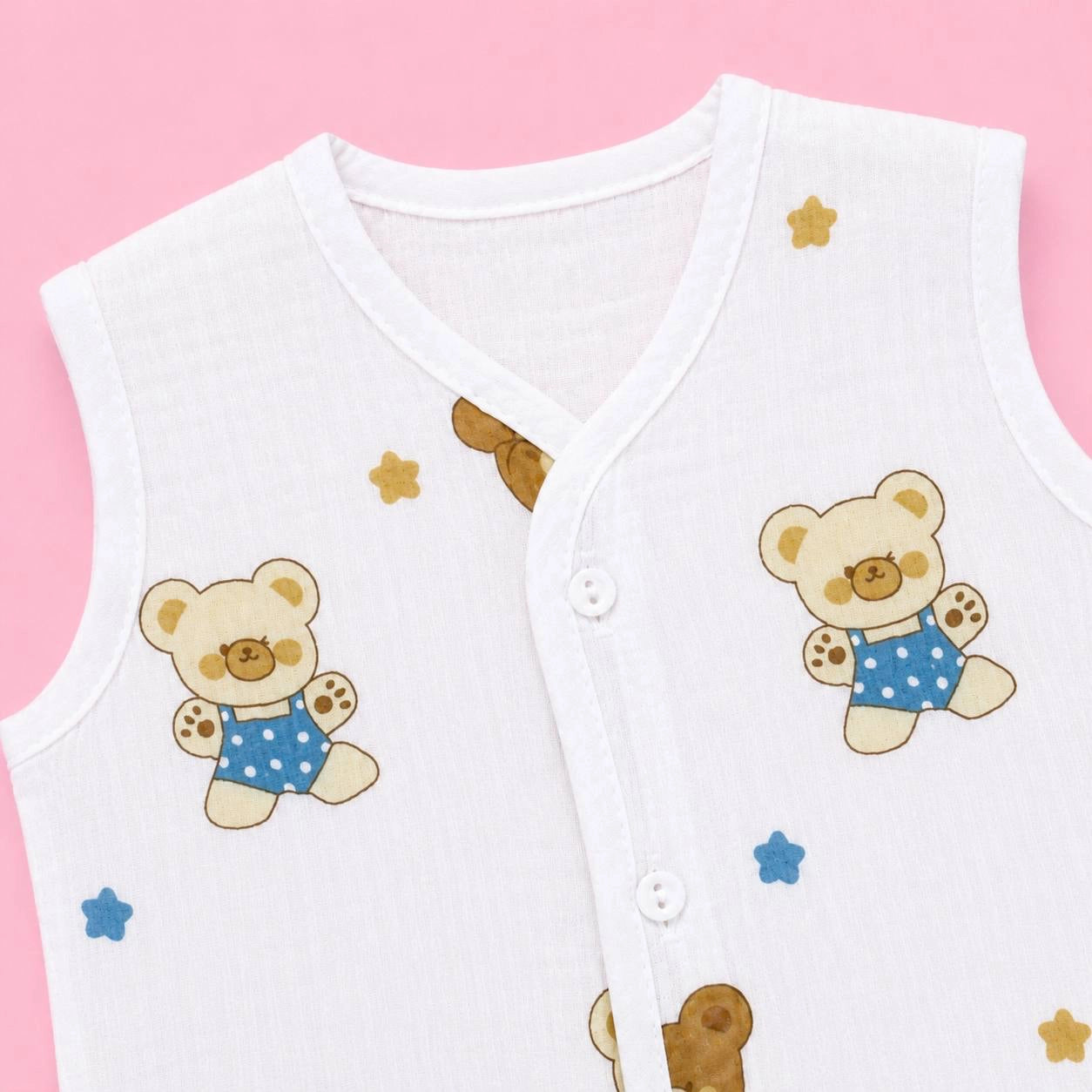 Crinkled Muslin Button Jabala | Bear | Soft Muslin Summer Wear For Babies | 0-3 Months  | Pack Of 1