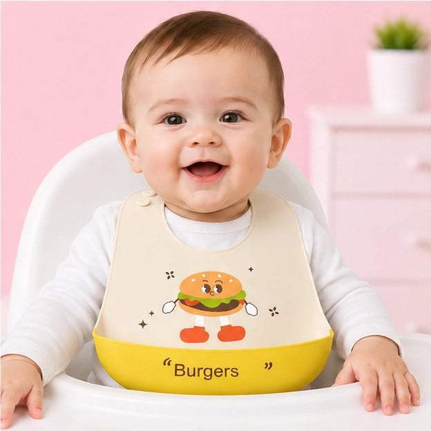 Waterproof Silicone Baby Feeding Bib with Food Catcher –| Burger |