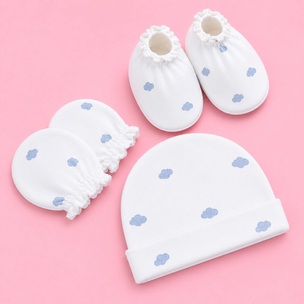 Baby Cap, Mittens & Booties Set Cloud