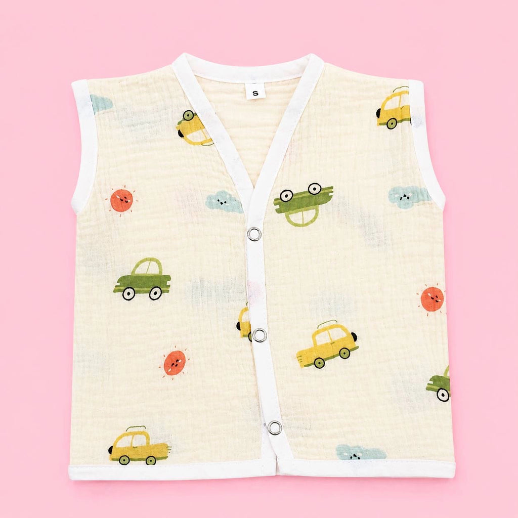 Crinkled Muslin Button Jabala | Car | Soft Muslin Summer Wear For Babies | 0-3 Months  | Pack Of 1