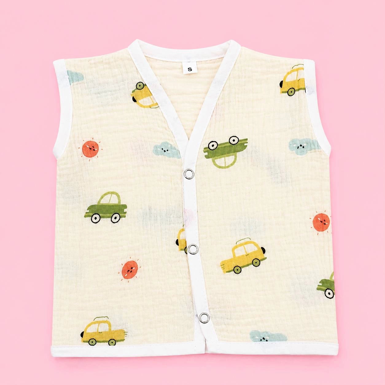 Crinkled Muslin Button Jabala | Car | Soft Muslin Summer Wear For Babies | 0-3 Months  | Pack Of 1