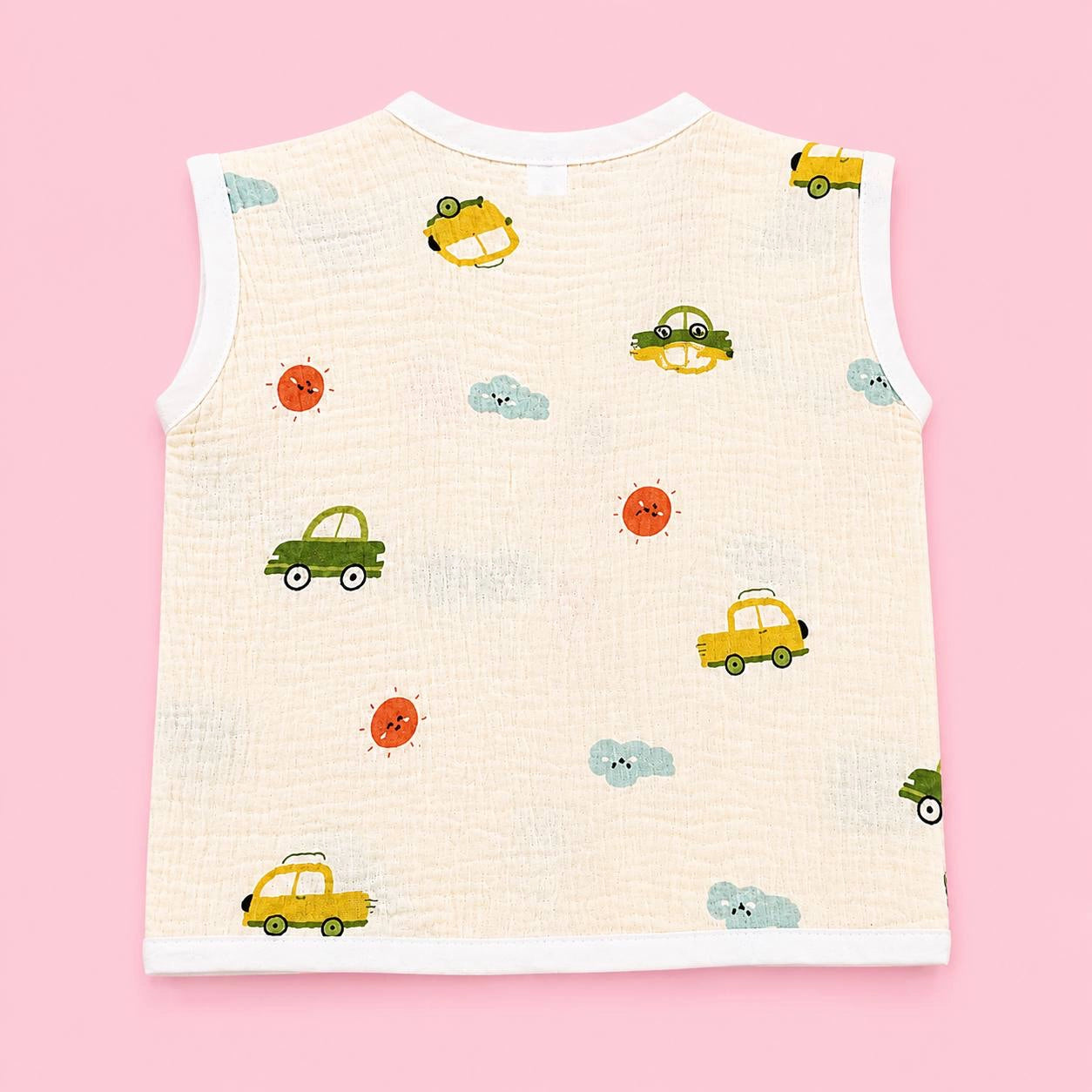 Crinkled Muslin Button Jabala | Car | Soft Muslin Summer Wear For Babies | 0-3 Months  | Pack Of 1
