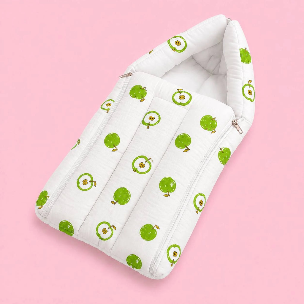Baby Sleeping Bag And Carry Nest | Green Apple |  Bedding Set New Born Baby | Portable And Travel Friendly | 0-3 Months