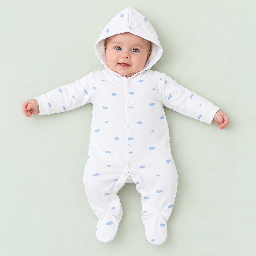 Baby Hooded Button Sleepsuit Cloud | 0-3 Months | Romper