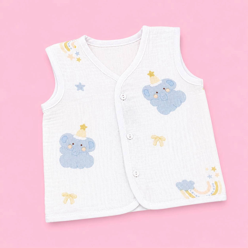 Crinkled Muslin Button Jabala | Elephant | Soft Muslin Summer Wear For Babies | 0-3 Months  | Pack Of 1