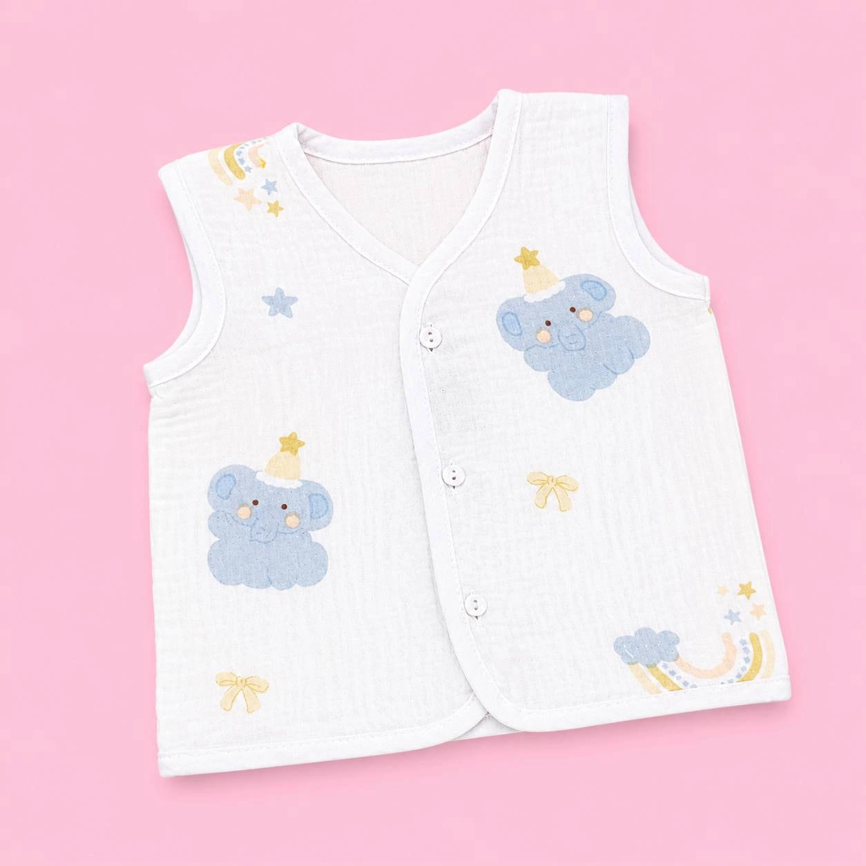 Crinkled Muslin Button Jabala | Elephant | Soft Muslin Summer Wear For Babies | 0-3 Months  | Pack Of 1
